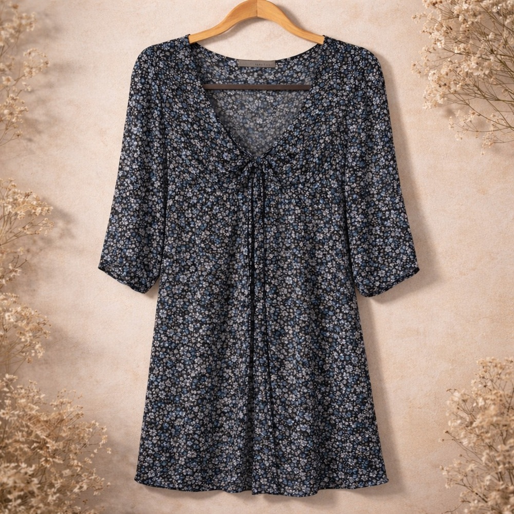 ✨ Zara Black Blue Floral Babydoll Dress Size M